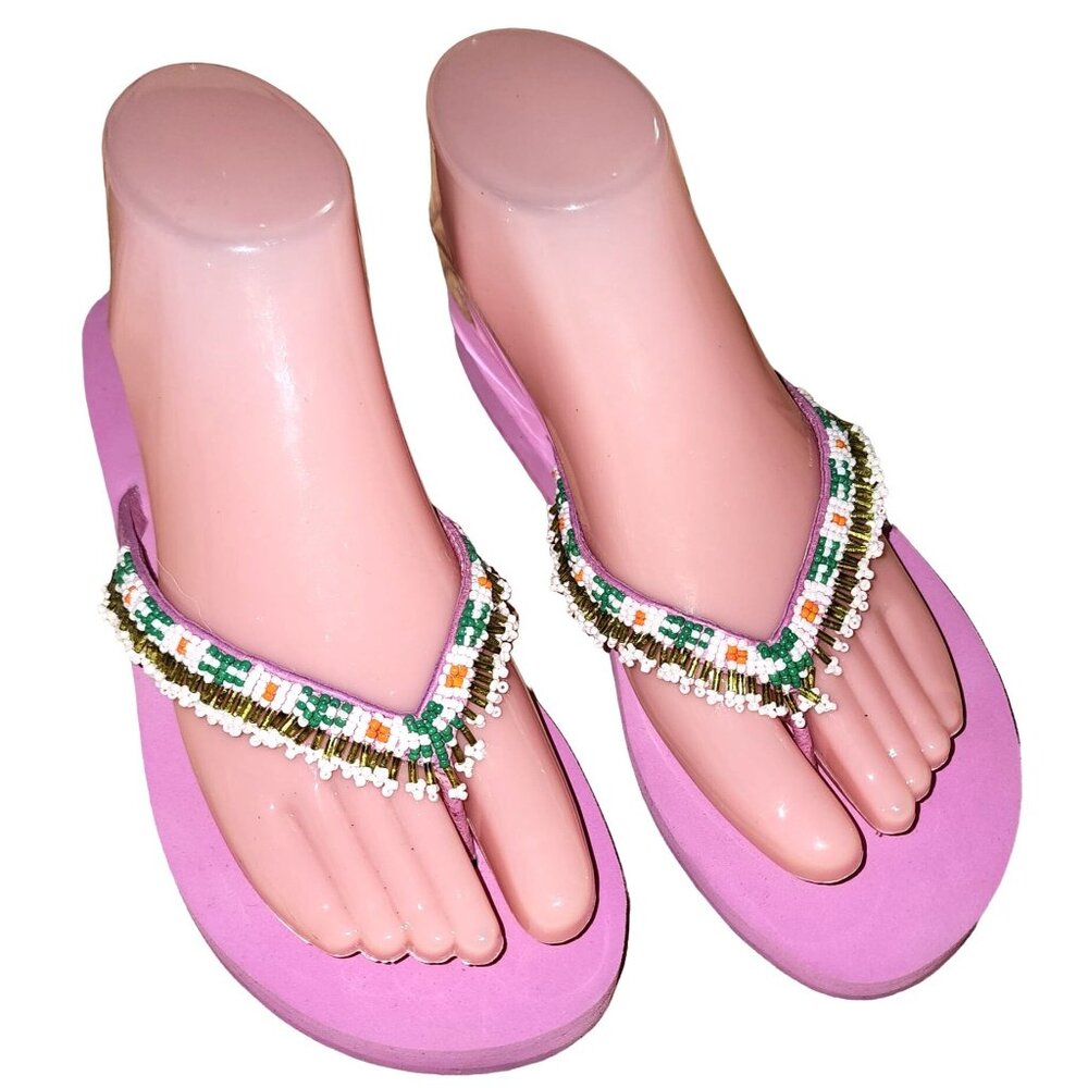 Yellow Box Balihai Purple Pink Beaded Flip Flop Sandals 6.5 Native American Feel